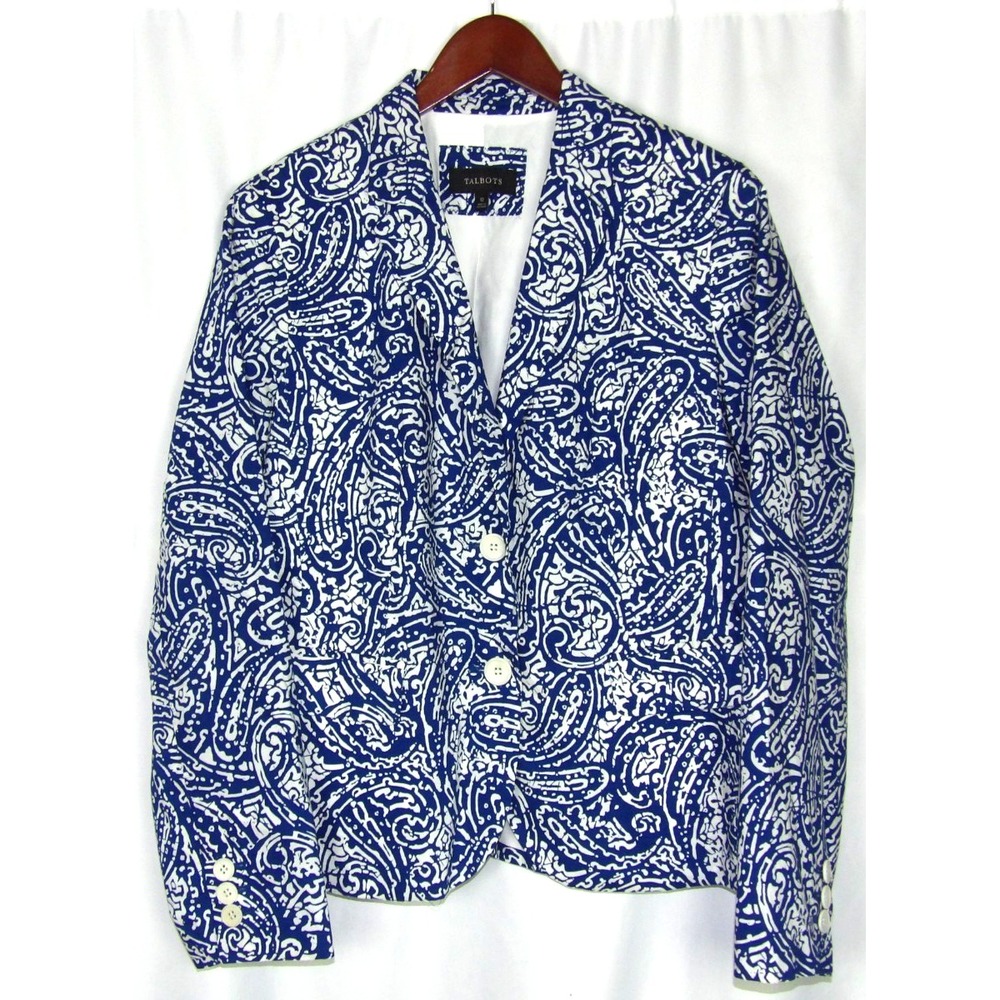 TALBOTS 2 Button 100% Cotton Blue Swirl Geometric Office Blazer Women's 12
